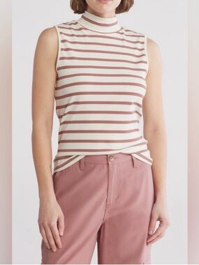 Sanctuary Sleeveless Mock Neck Stripe Top - Cream &  Brown NWT